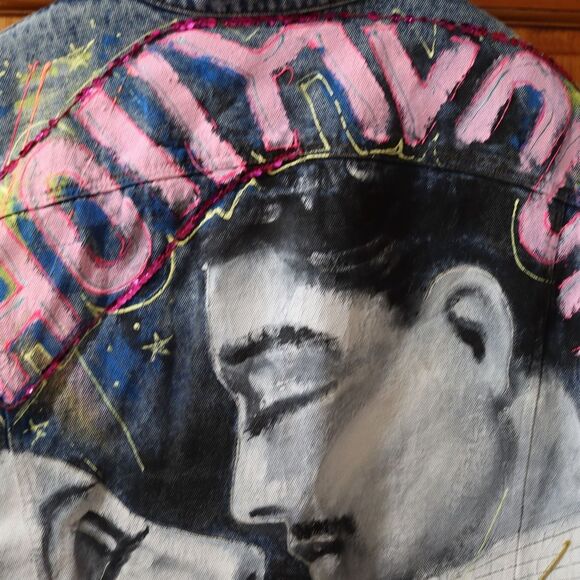 Vintage 80s Sport Deco Hand Painted Hollywood Denim Jacket Sequins Medium - Picture 3 of 16